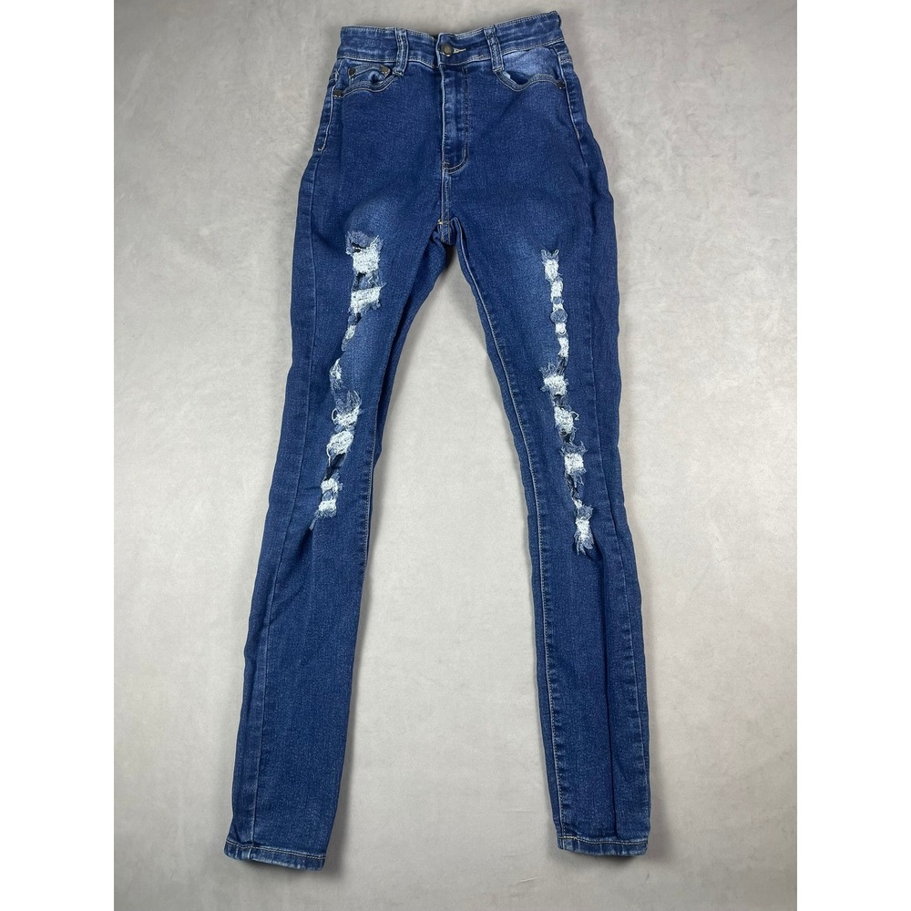 Fashion Nova Womens Distressed High Waisted Skinny Jeans Dark Blue Size 5 Ripped